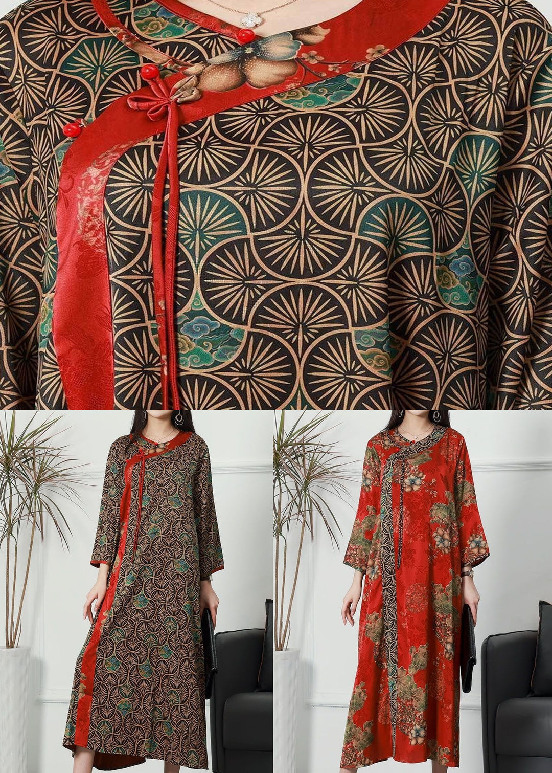 Coffee Patchwork Print Silk Long Dresses O Neck Spring