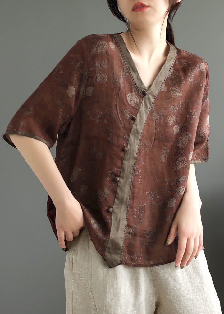 Coffee Patchwork Ramie T Shirt Short Sleeve