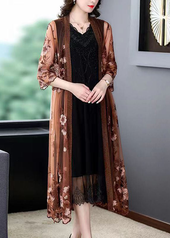 Coffee Patchwork Tulle Cape Dresses Embroidered V Neck Summer