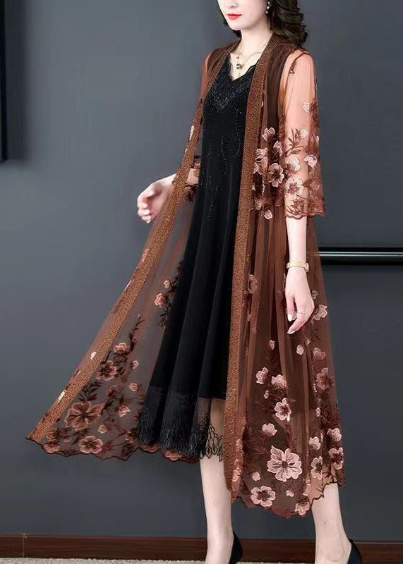 Coffee Patchwork Tulle Cape Dresses Embroidered V Neck Summer