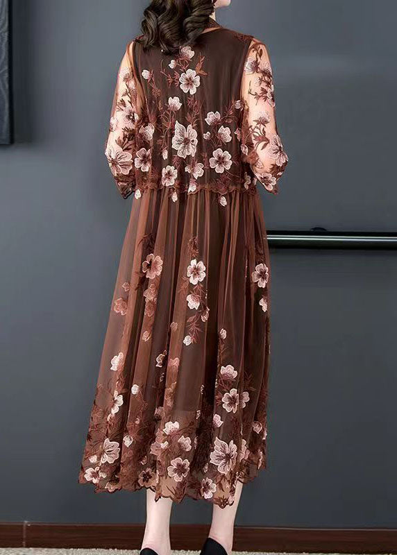 Coffee Patchwork Tulle Cape Dresses Embroideried V Neck Summer