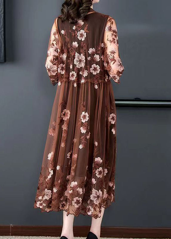 Coffee Patchwork Tulle Cape Dresses Embroidered V Neck Summer