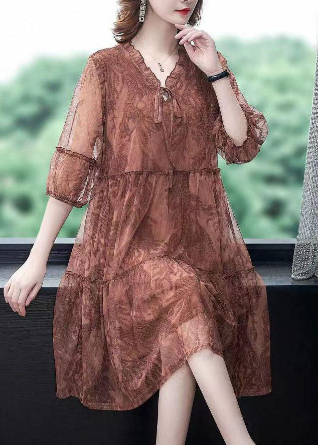 Chocolate Patchwork Tulle Dress Ruffled Lace Up Summer