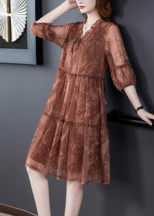 Chocolate Patchwork Tulle Dress Ruffled Lace Up Summer
