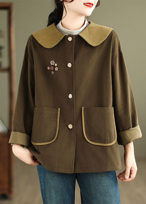 Coffee Peter Pan Collar Button Coats Long Sleeve