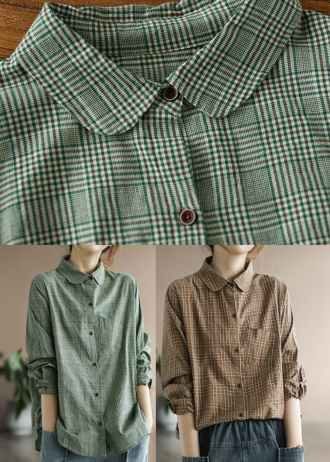 Coffee Plaid Cotton Shirt Tops pocket Long Sleeve