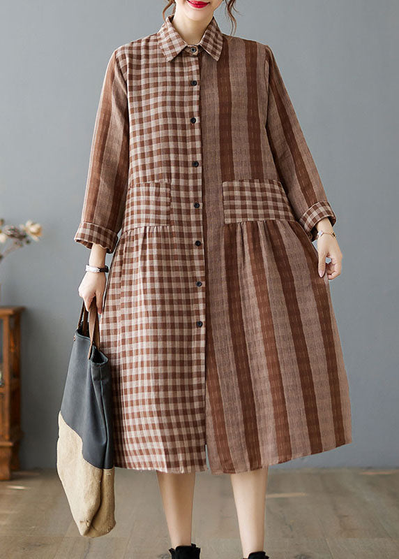 Coffee Plaid Patchwork Pockets Vacation Dresses Spring