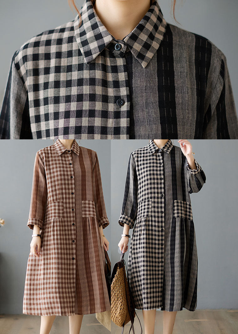 Coffee Plaid Patchwork Pockets Vacation Dresses Spring