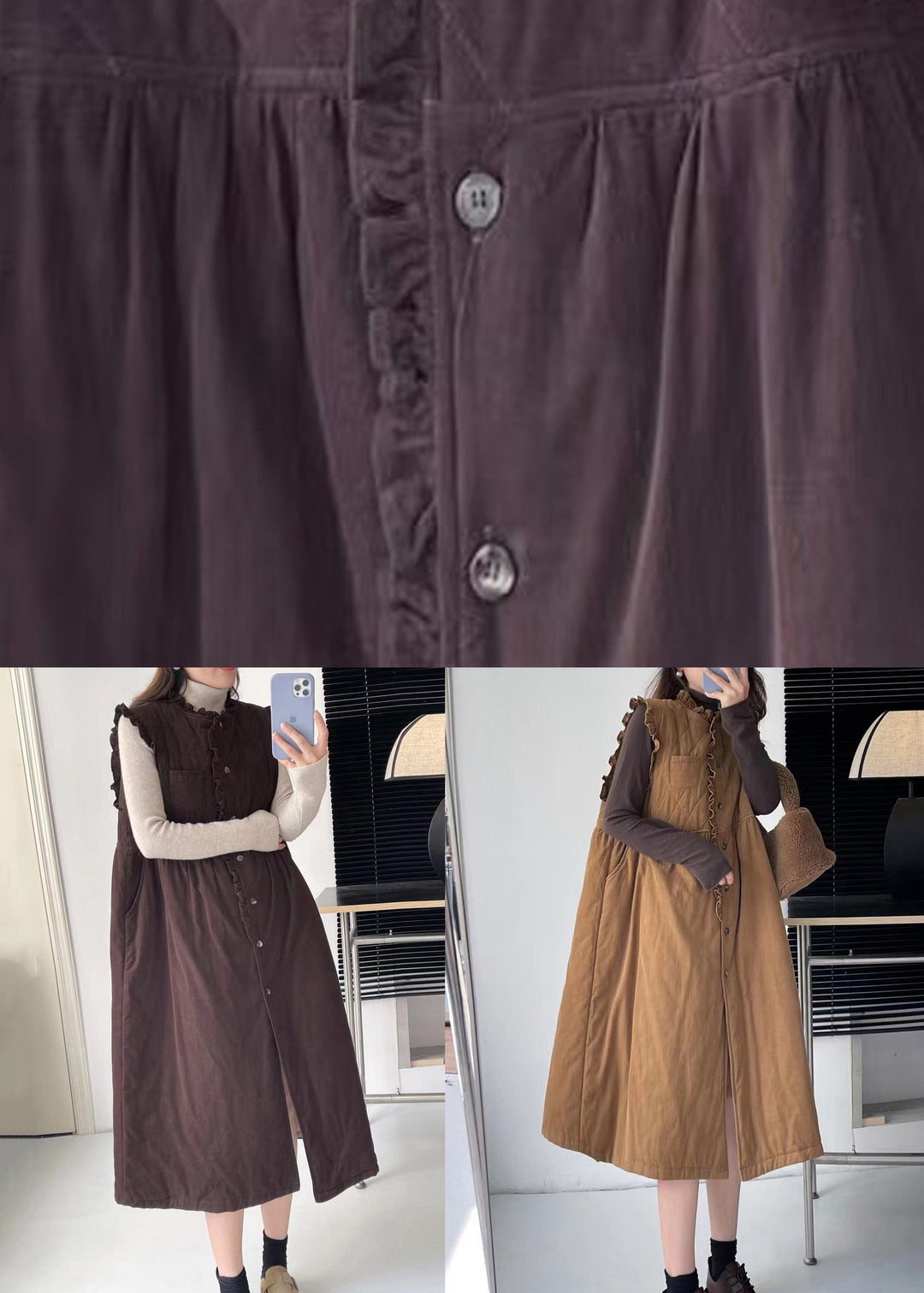 Coffee Pockets Cotton Filled Waistcoat Long Dress Stand Collar Winter