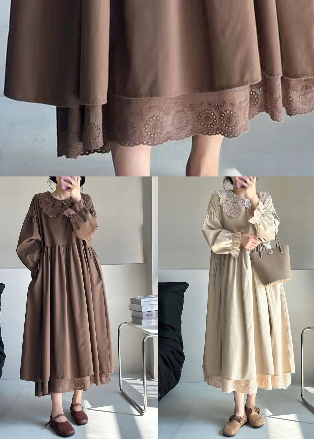 Coffee Pockets Cotton Long Dresses Peter Pan Collar Long Sleeve