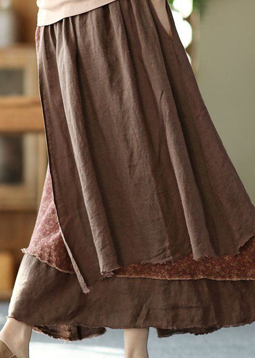 Coffee Pockets Patchwork Cotton Skirt Wrinkled Asymmetrical Spring