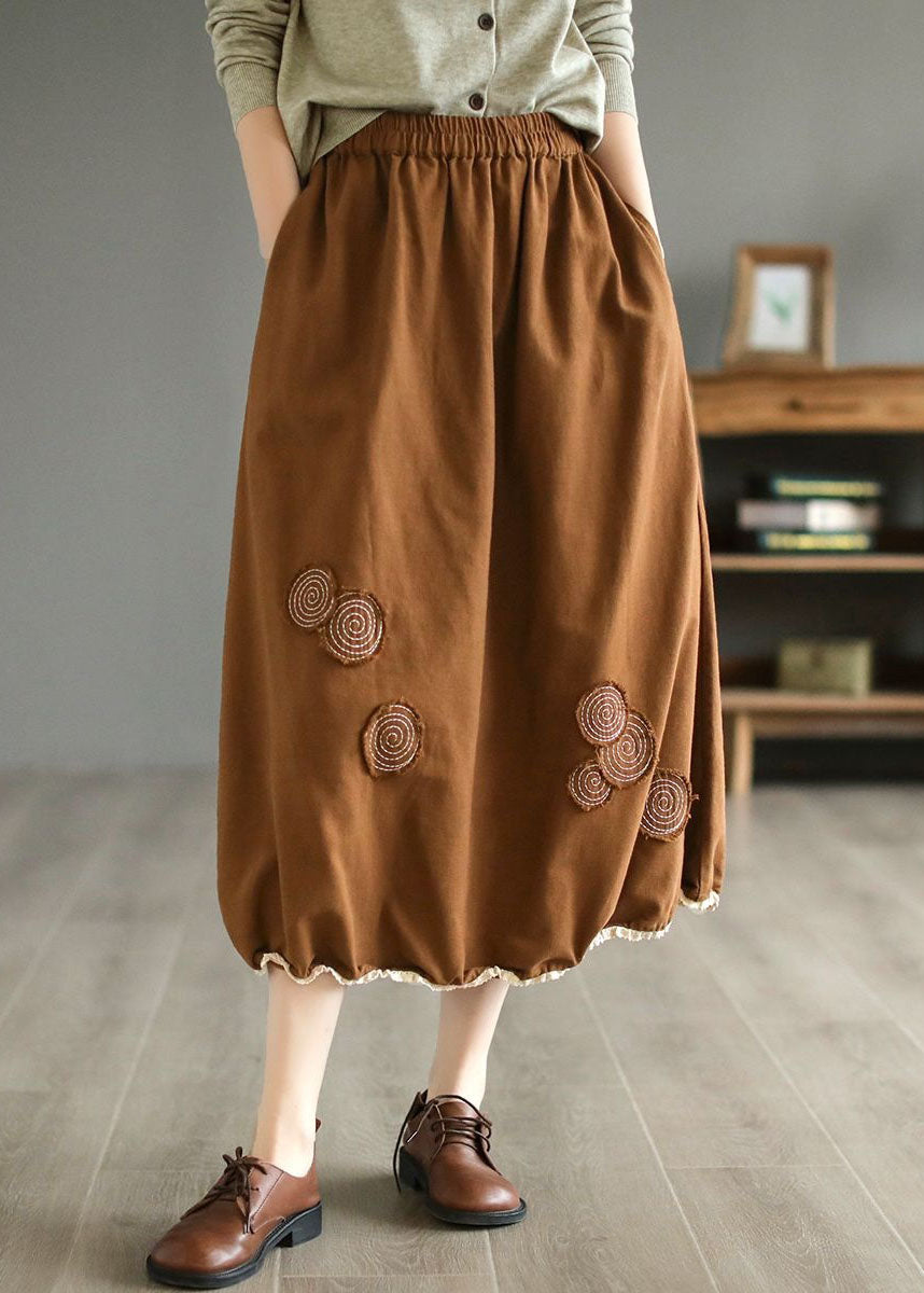 Coffee Pockets Patchwork Wrinkled Embroideried Cotton Skirts