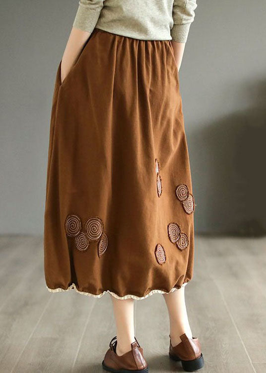 Coffee Pockets Patchwork Wrinkled Embroideried Cotton Skirts