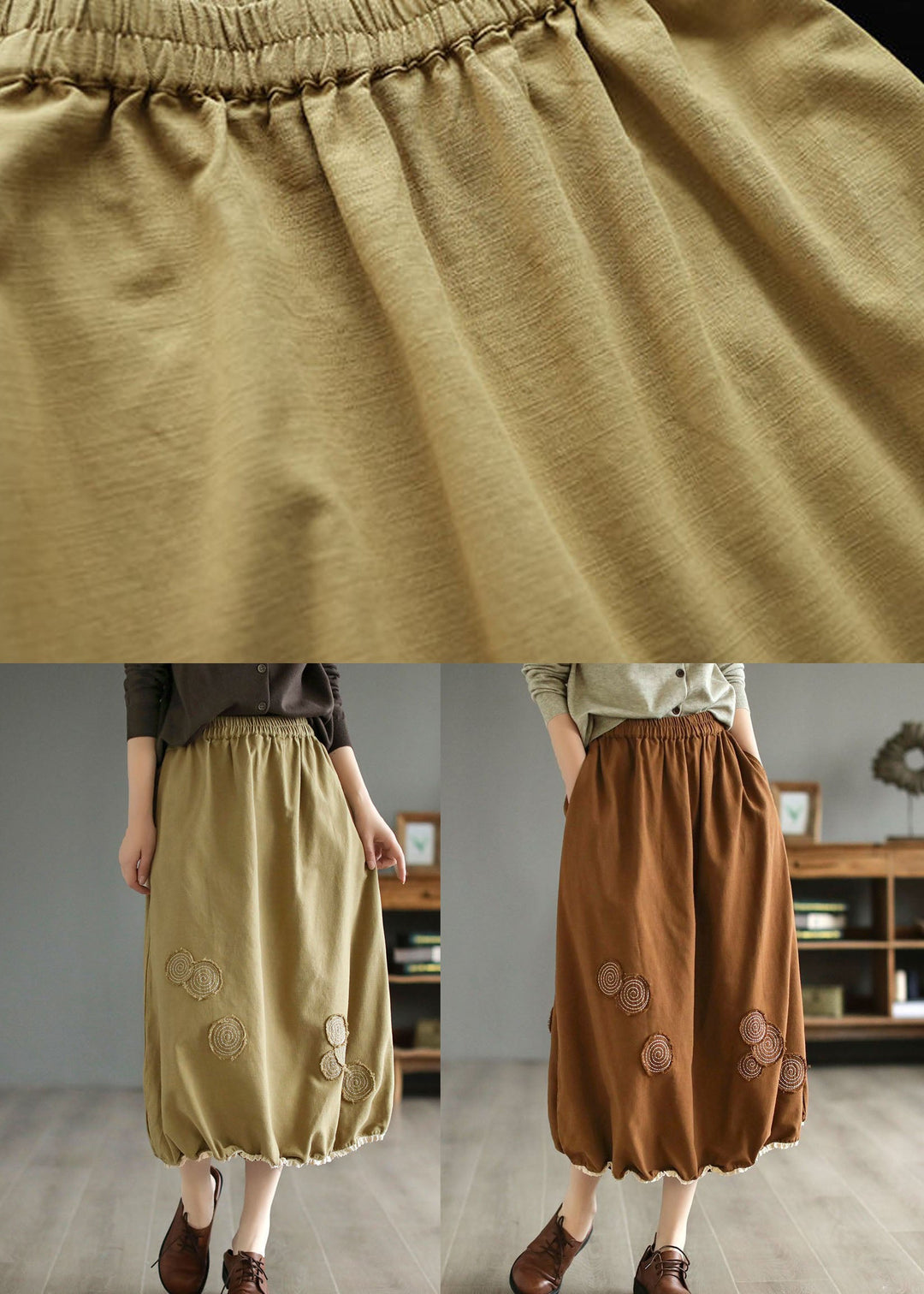 Coffee Pockets Patchwork Wrinkled Embroideried Cotton Skirts