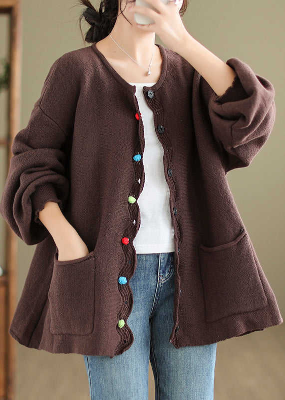 Coffee Pockets Patchwork Cozy Knit Coats O Neck Fall