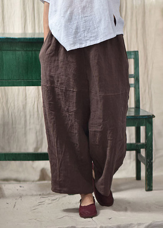 Coffee Pockets Patchwork Elastic Waist Linen Pants Summer