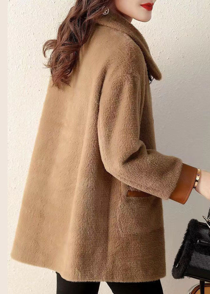 Coffee Pockets Patchwork Faux Fur Coat Peter Pan Collar Button Fall