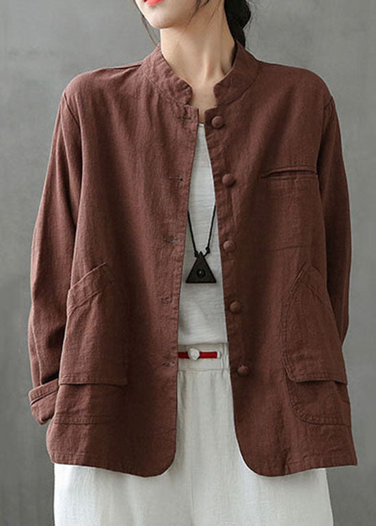 Coffee Pockets Patchwork Linen Coats Stand Collar Button Spring