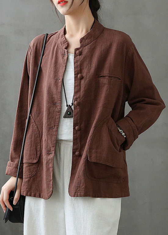 Coffee Pockets Patchwork Linen Coats Stand Collar Button Spring