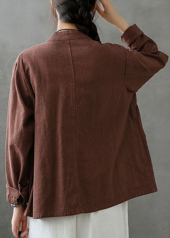 Coffee Pockets Patchwork Linen Coats Stand Collar Button Spring