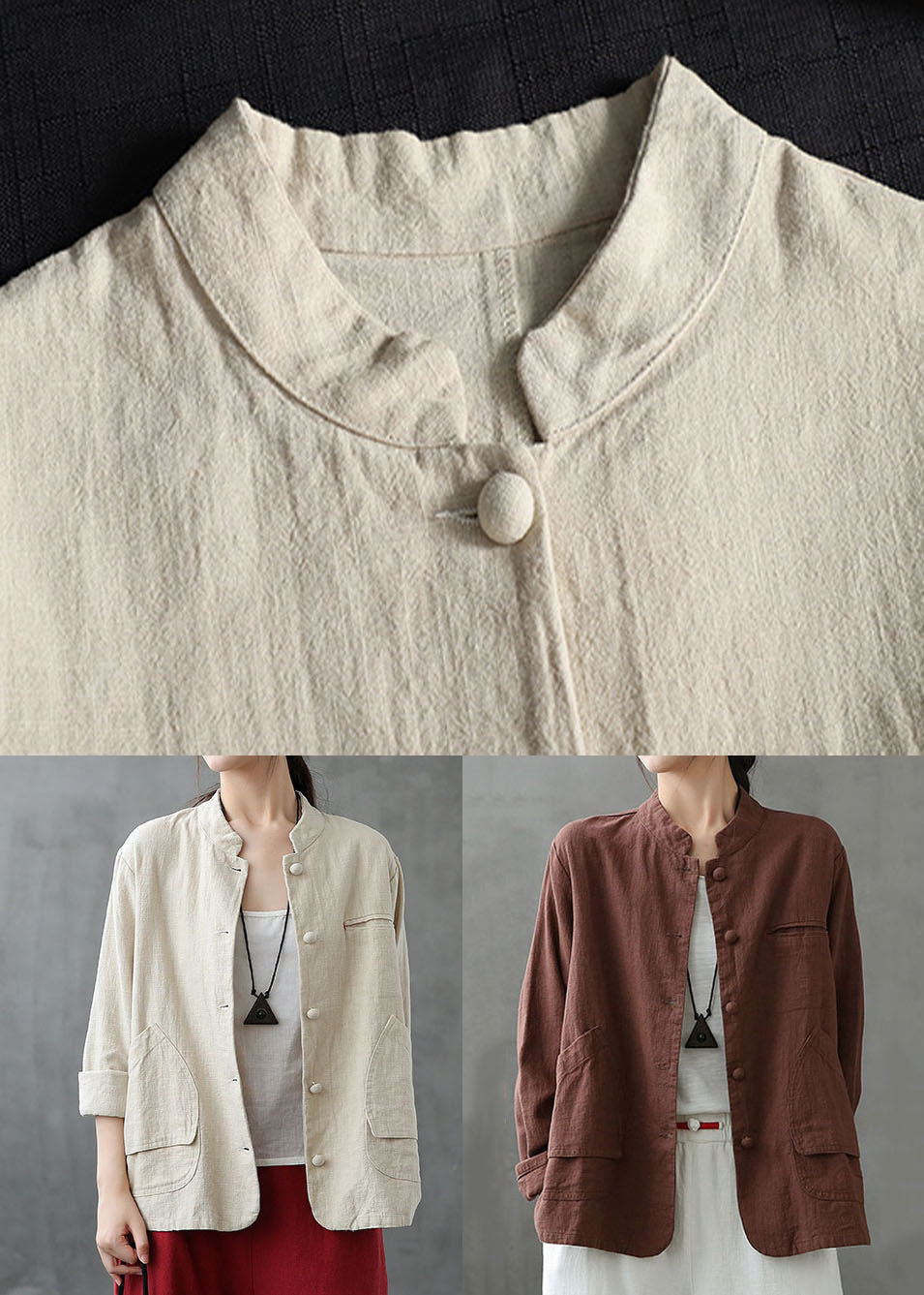 Coffee Pockets Patchwork Linen Coats Stand Collar Button Spring