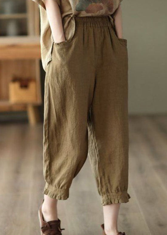 Coffee Pockets Patchwork Linen Crop Pants Cinched Summer
