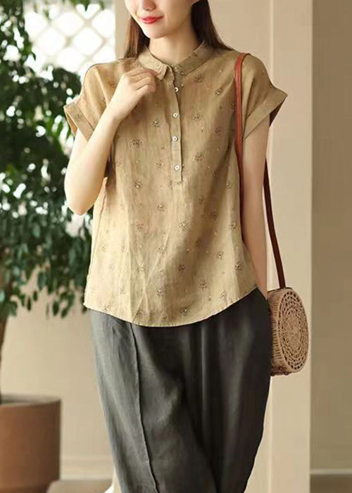 Coffee Print Button Patchwork Linen Top Peter Pan Collar Short Sleeve