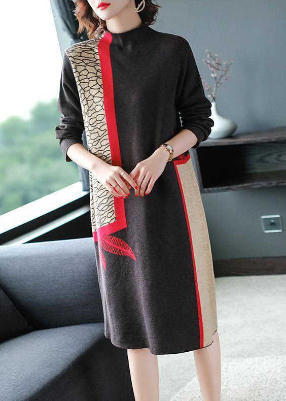 Coffee Print Knitwear Dress High Neck Slim Fit Winter