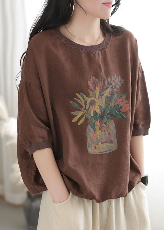 Coffee Print Linen Tank Tops O-Neck Oversized Short Sleeve