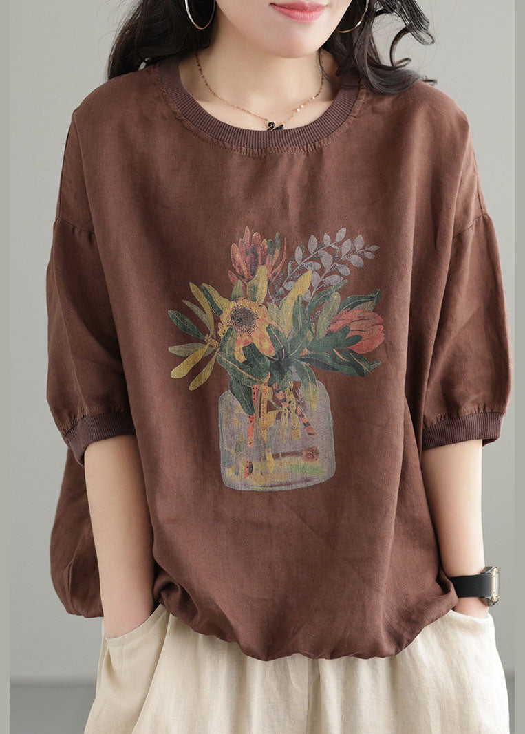 Coffee Print Linen Tank Tops O-Neck Oversized Short Sleeve
