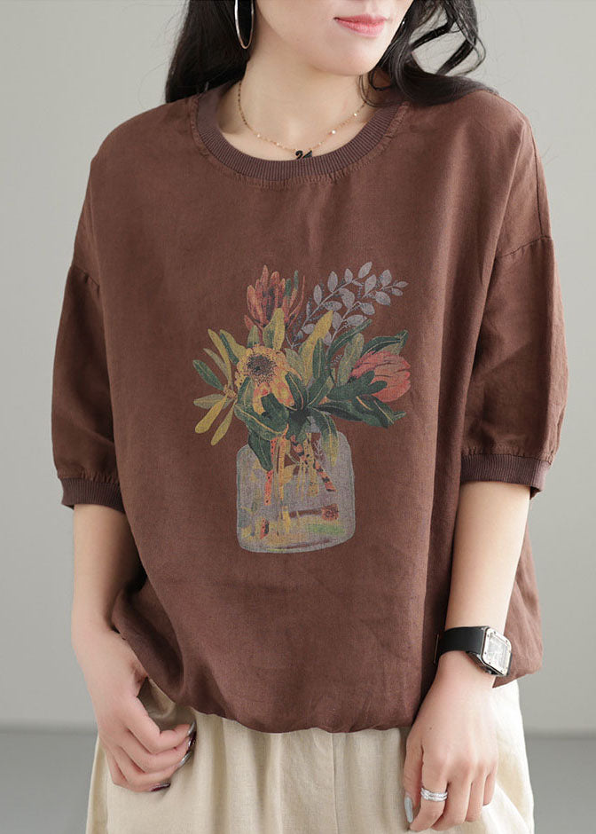Coffee Print Linen Tank Tops O-Neck Oversized Short Sleeve