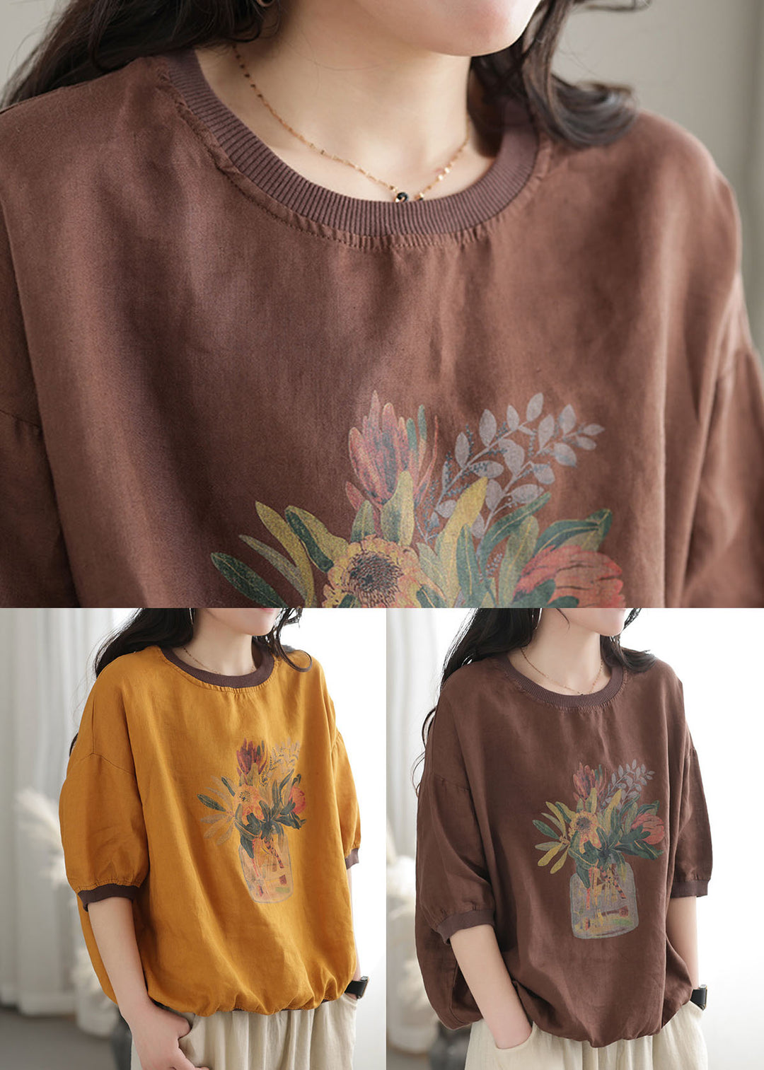 Coffee Print Linen Tank Tops O-Neck Oversized Short Sleeve