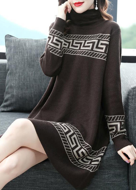 Chocolate Print Long A Line Dress Turtle Neck Long Sleeve