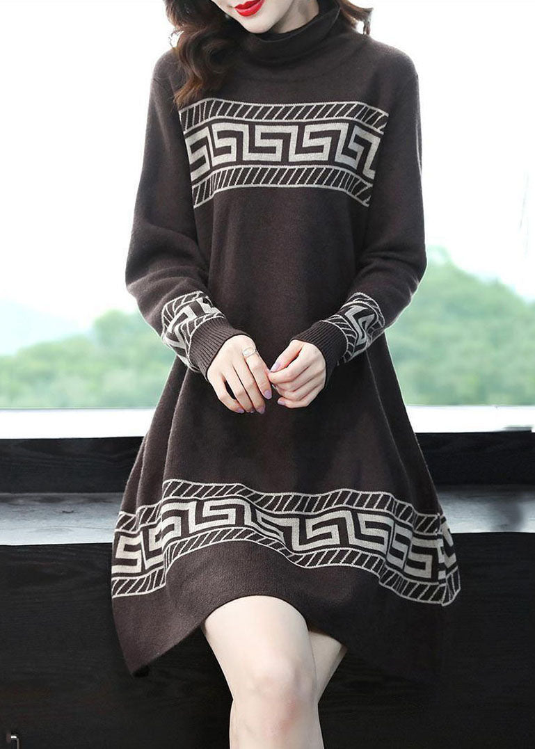 Chocolate Print Long A Line Dress Turtle Neck Long Sleeve