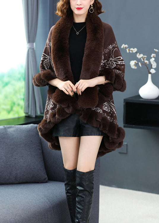 Coffee Print Low High Design Patchwork Woolen Coats Fur Collar Batwing Sleeve