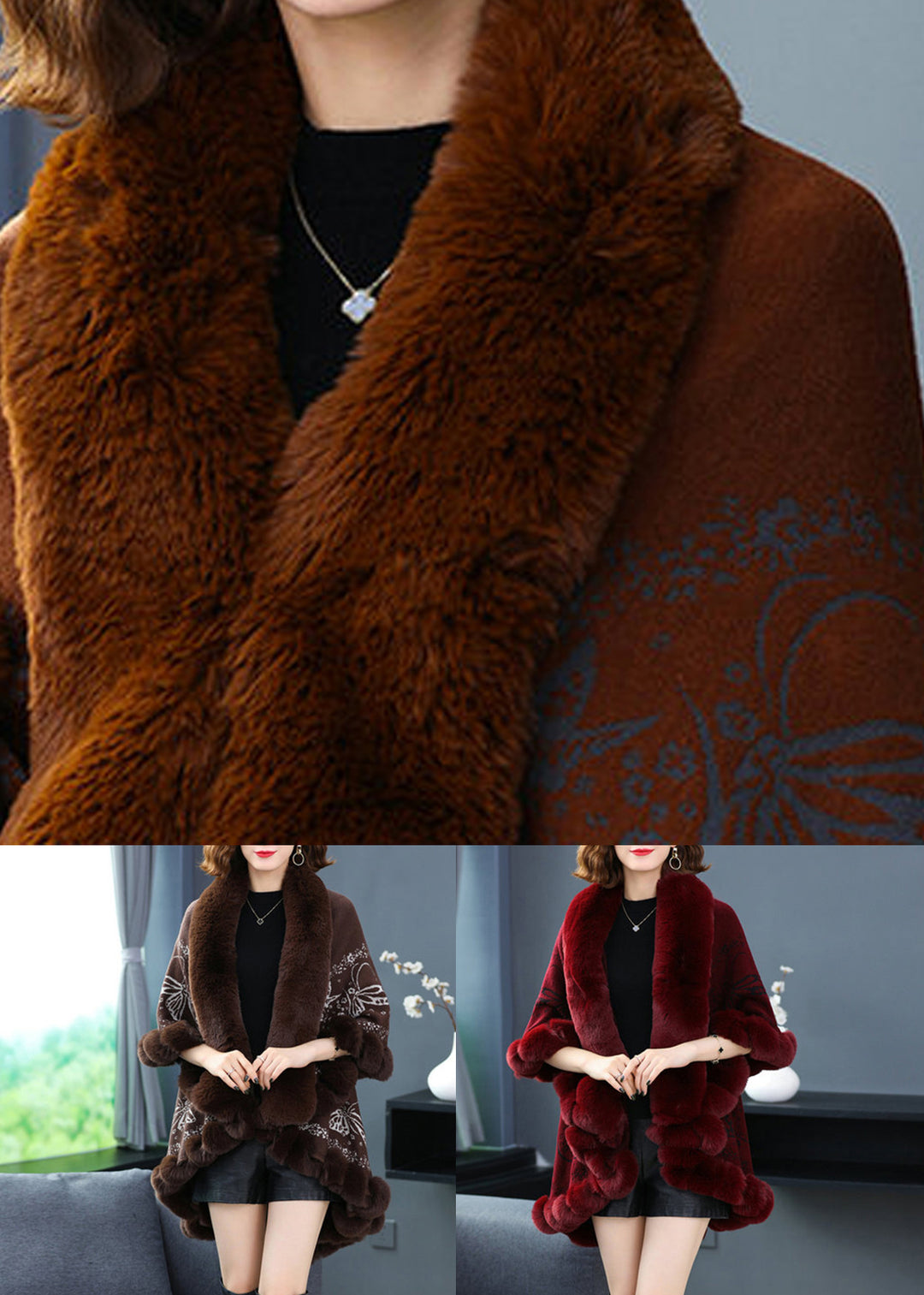 Coffee Print Low High Design Patchwork Woolen Coats Fur Collar Batwing Sleeve