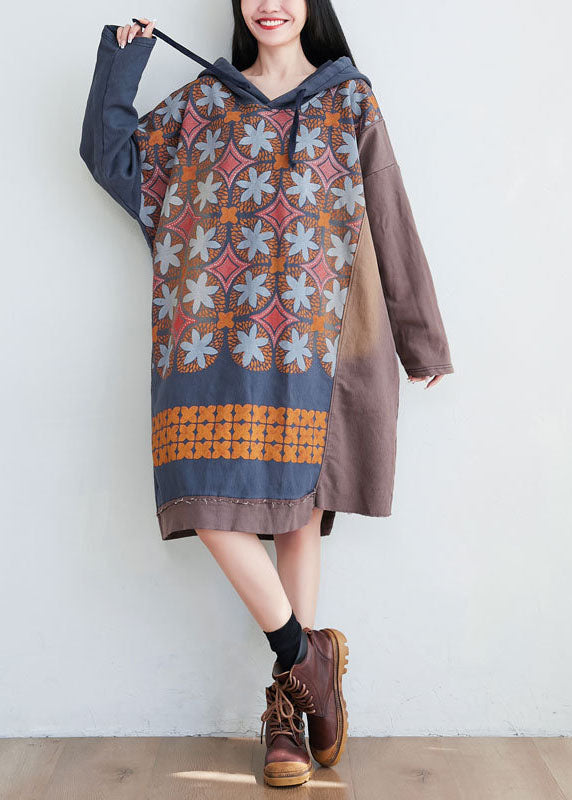Coffee Print Patchwork Cotton Dress Hooded Spring