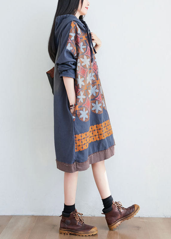Coffee Print Patchwork Cotton Dress Hooded Spring