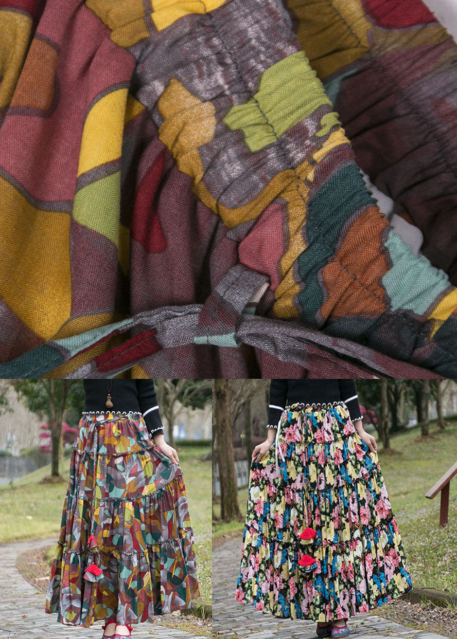 Coffee Print Patchwork Cotton Skirts Exra Large Hem Wrinkled Summer