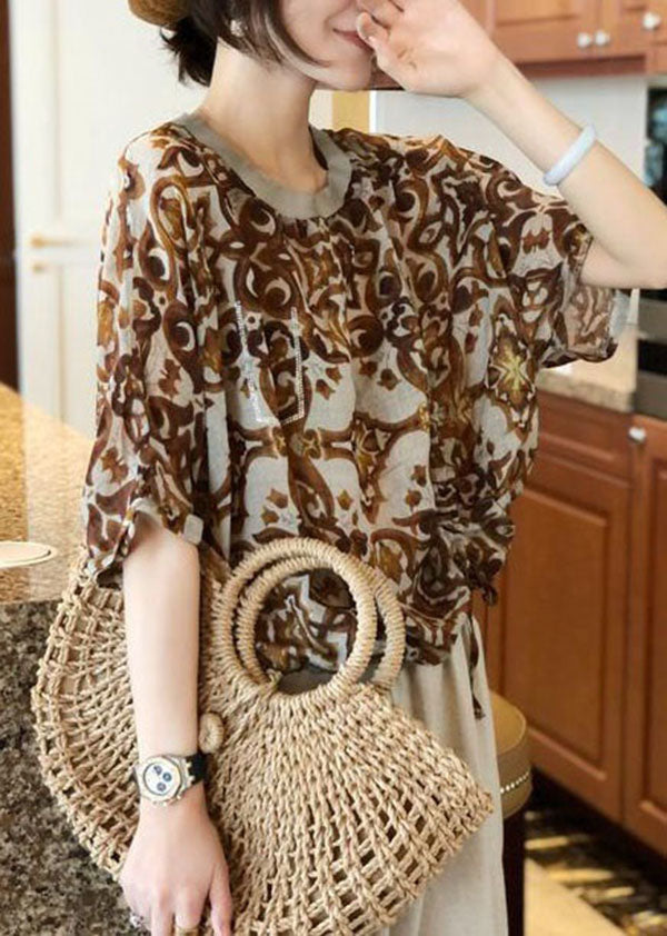 Coffee Print Patchwork Cotton Top O Neck Zircon Wrinkled Summer
