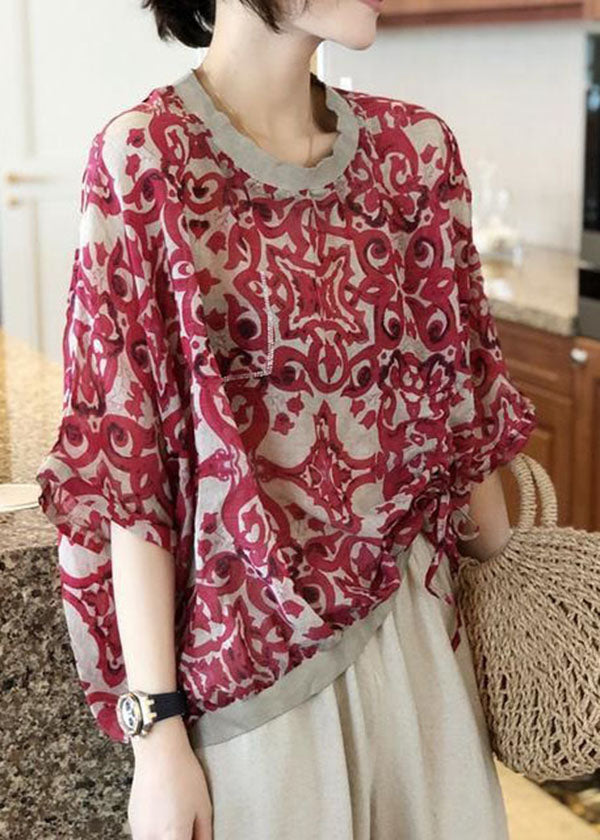 Coffee Print Patchwork Cotton Top O Neck Zircon Wrinkled Summer