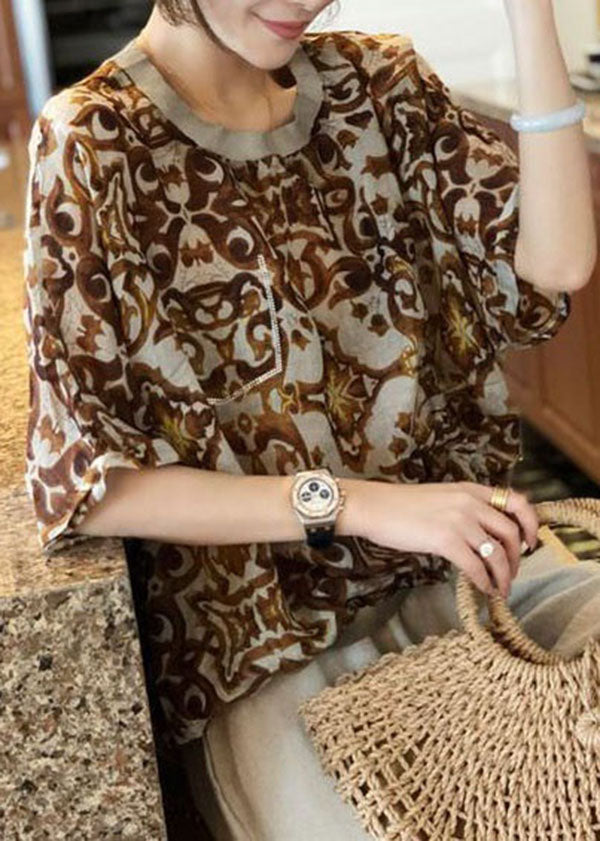 Coffee Print Patchwork Cotton Top O Neck Zircon Wrinkled Summer