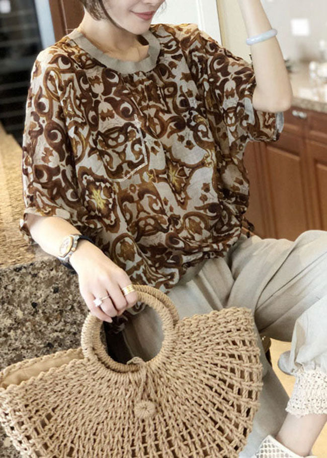 Coffee Print Patchwork Cotton Top O Neck Zircon Wrinkled Summer