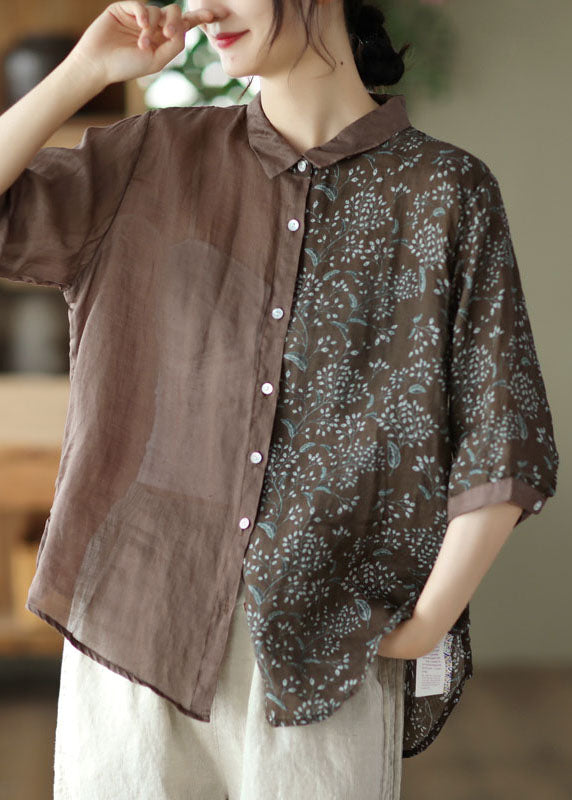 Coffee Print Patchwork Linen Shirts Peter Pan Collar Button Half Sleeve