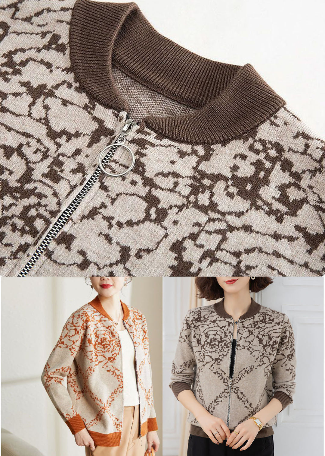 Coffee Print Woolen Coats Zip Up Thick Long Sleeve