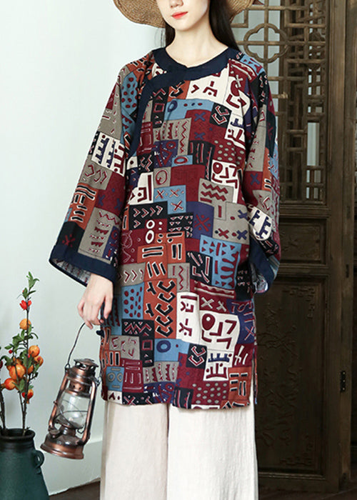 Coffee Side Open Patchwork Cotton Dresses O Neck Long Sleeve