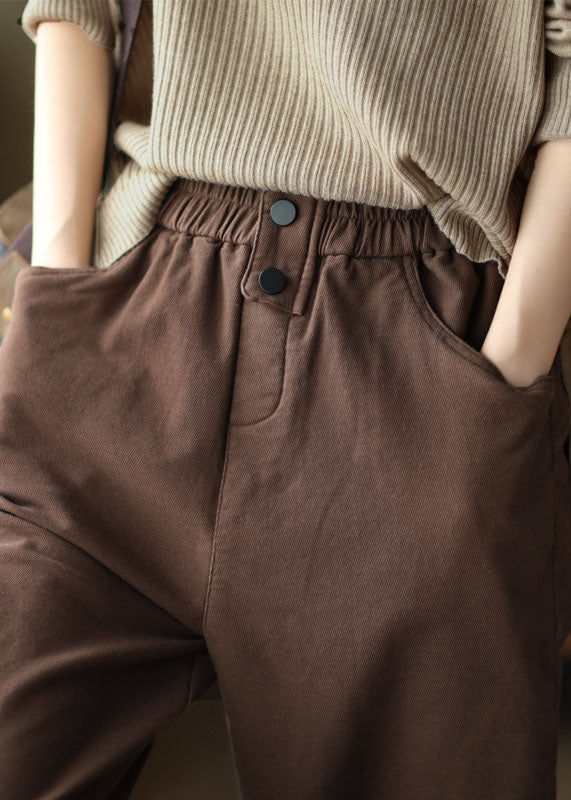 Coffee Slim Cotton Harem Pants Elastic Waist Solid Fall