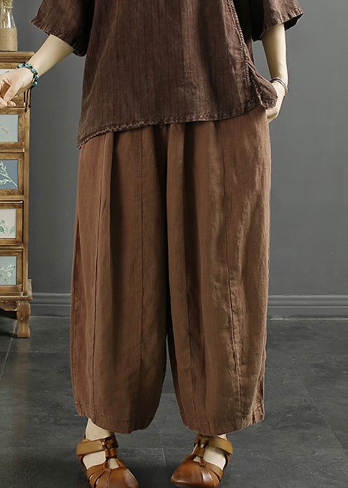 Coffee Solid Lace Up Linen Thin Harem Pants High Waist