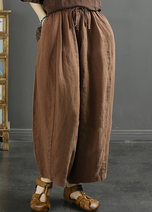 Coffee Solid Lace Up Linen Thin Harem Pants High Waist