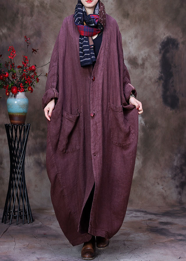 Coffee Solid Linen Trench Coat V Neck Handmade Floral Long Sleeve